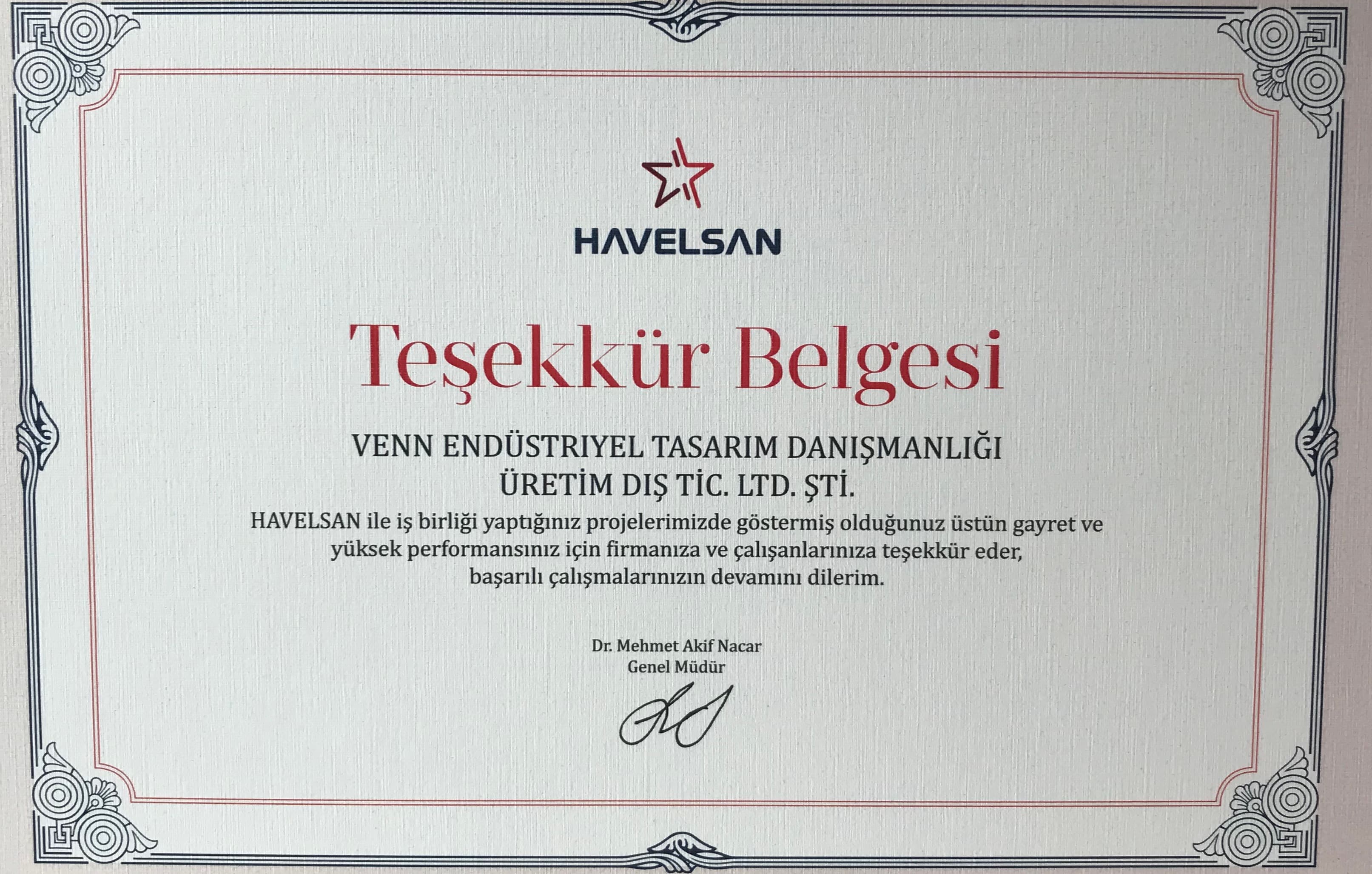 Havelsan Üstün Performanslı Tedarikçi teşekkür belgesi