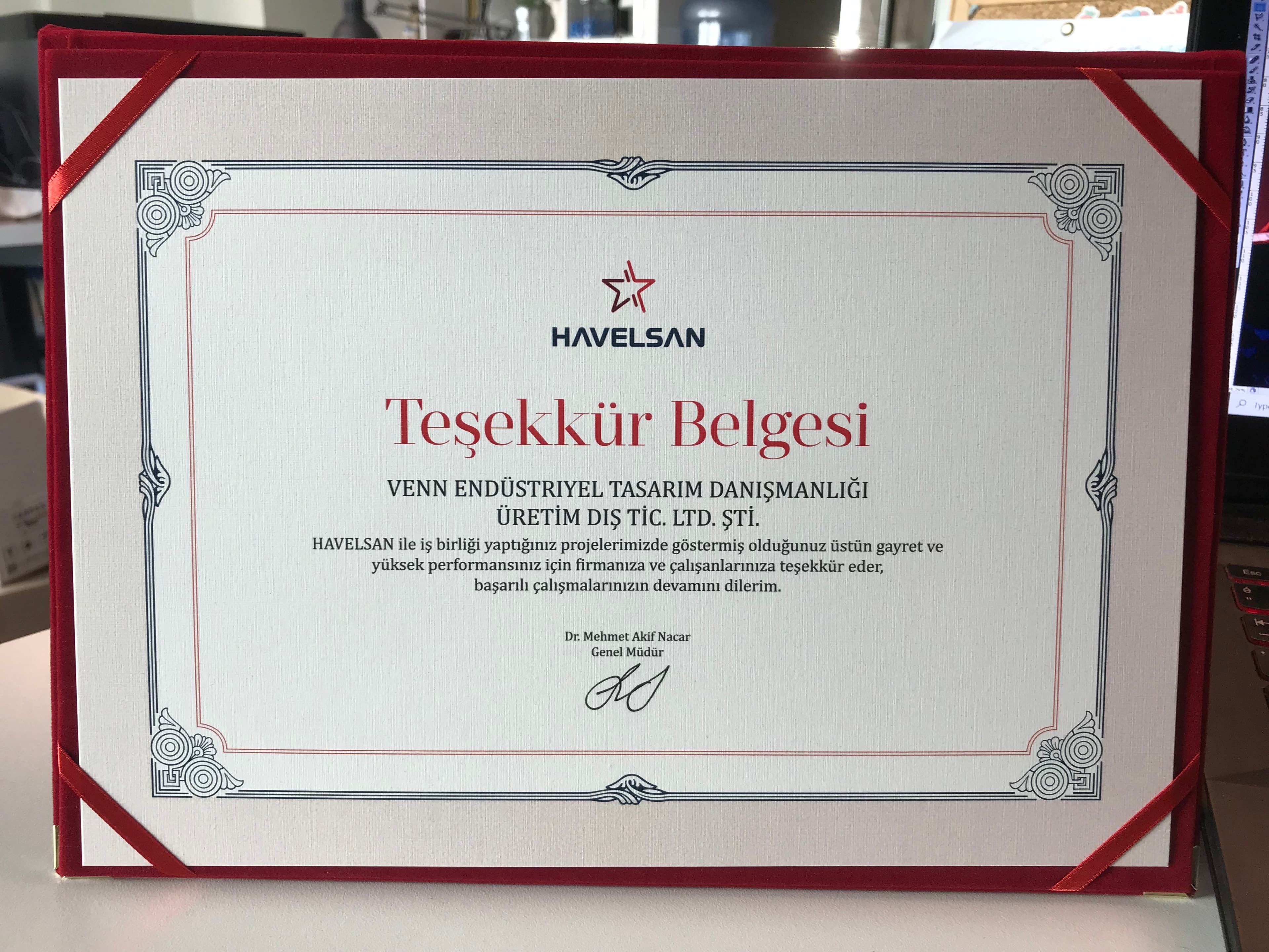 Havelsan Üstün Performanslı Tedarikçi teşekkür belgesi